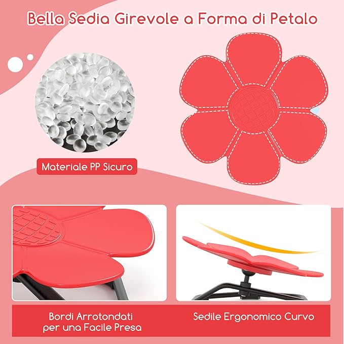 Sedia Girevole a 360° per Bambini, Sedia Sensoriale con Base in Metallo Antiscivolo per Allenare la Coordinazione Fisica e l'Equilibrio, Giocattolo per Cameretta (Rosso,Fiore)