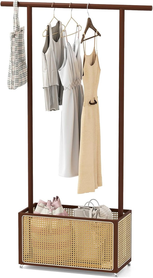 2 in 1 Porta Abiti in Bambù, Appendiabiti con Cesto di Stoccaggio in Rattan, Stand AppendiAbiti con Ruote per Ingresso Soggiorno Camera da Letto
