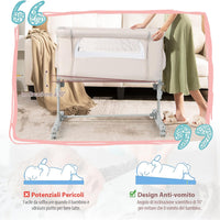 Culla Neonato Fianco Letto 3 in 1, Lettino Dondolo Neonati con Materasso, Culla da Campeggio con Ruote e Borsa, Regolabile In Altezza, Inclinazione di 10°, per Bambini 0-6 Mesi (Beige)
