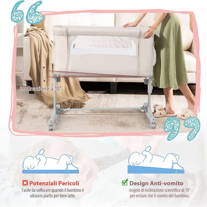Culla Neonato Fianco Letto 3 in 1, Lettino Dondolo Neonati con Materasso, Culla da Campeggio con Ruote e Borsa, Regolabile In Altezza, Inclinazione di 10°, per Bambini 0-6 Mesi (Beige)