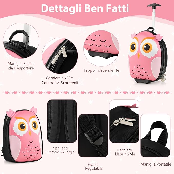 2 Pezzi Valigia per Bambini con Maniglia Retrattile + Zaino Bagaglio a Mano, con ruote girevoli a 360 ° (gufo 3)