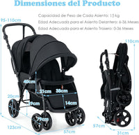 Passeggino Doppio Pieghevole per Bambini, Passeggino Gemellare Pieghevole, con Seduta in Tandem e Tettuccio, Schienale Regolabile, Ruote Bloccabili e Antiurto, Portata Totale 30 kg (Nero)