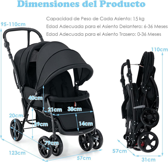 Passeggino Doppio Pieghevole per Bambini, Passeggino Gemellare Pieghevole, con Seduta in Tandem e Tettuccio, Schienale Regolabile, Ruote Bloccabili e Antiurto, Portata Totale 30 kg (Nero)