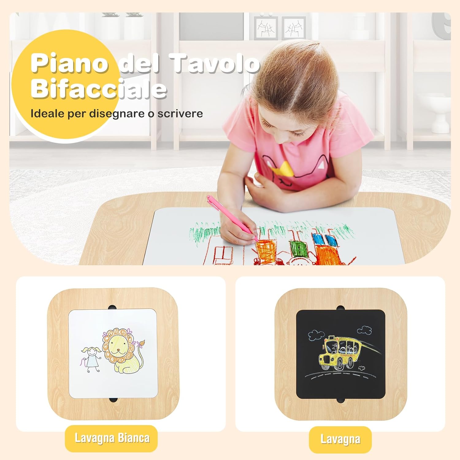 Set Tavolo e 2 Sedie per Bambini, con Lavagna Reversibile, Tavolo Multiattività con Vano Portaoggetti Nascosto e Sedie, per Bambini da 3-6 Anni, per Cameretta e Soggiorno (Naturale)