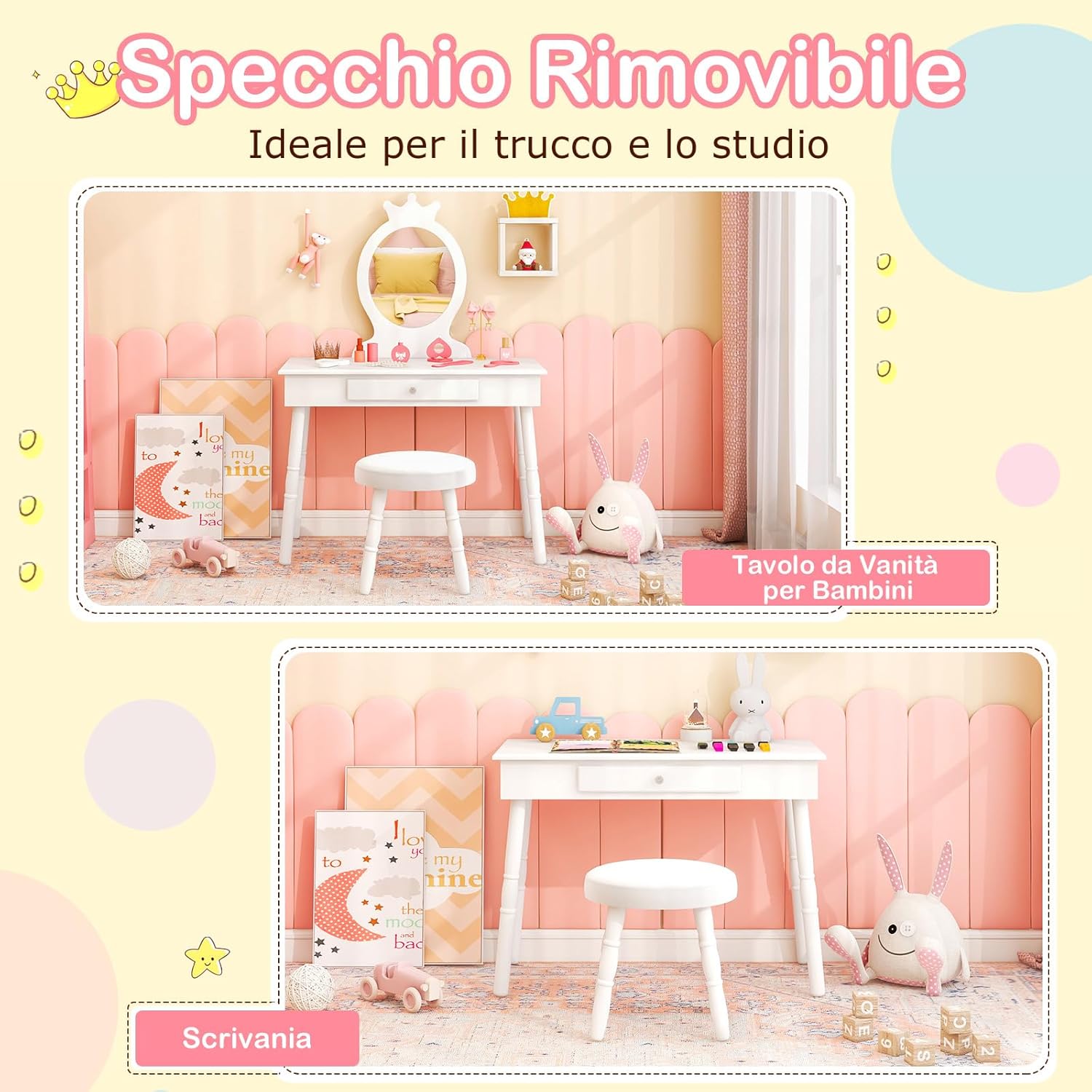 Toeletta Trucco per Bambina, Specchiera per Ragazzi in Legno Robusto, Postazione Trucco 2 in 1 Principessa con Cassetto, Sgabello e Specchio Staccabile, 70 x 34 x 100 cm (Bianco)