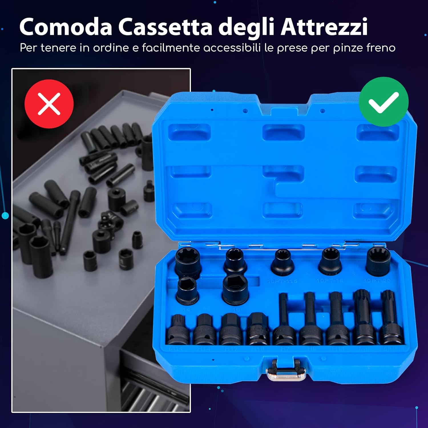 Set di Bussole per Pinze Freno da 16 Pezzi, Kit di Attrezzi per la Regolazione dei Freni con Chiave di Trasmissione da 1/2”, Compatibile con Vari Veicoli, 28 x 7 x 18 cm (Blu)