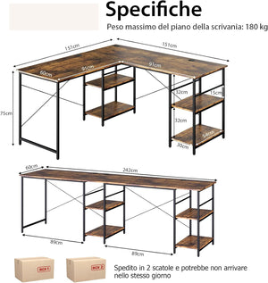 Scrivania Angolare per Computer con Supporto per Monitor, Scrivania Porta PC in Legno, Scrivania Salvaspazio e Moderna per Ufficio e Studio, 242 x 60 x 75 cm (Marrone)