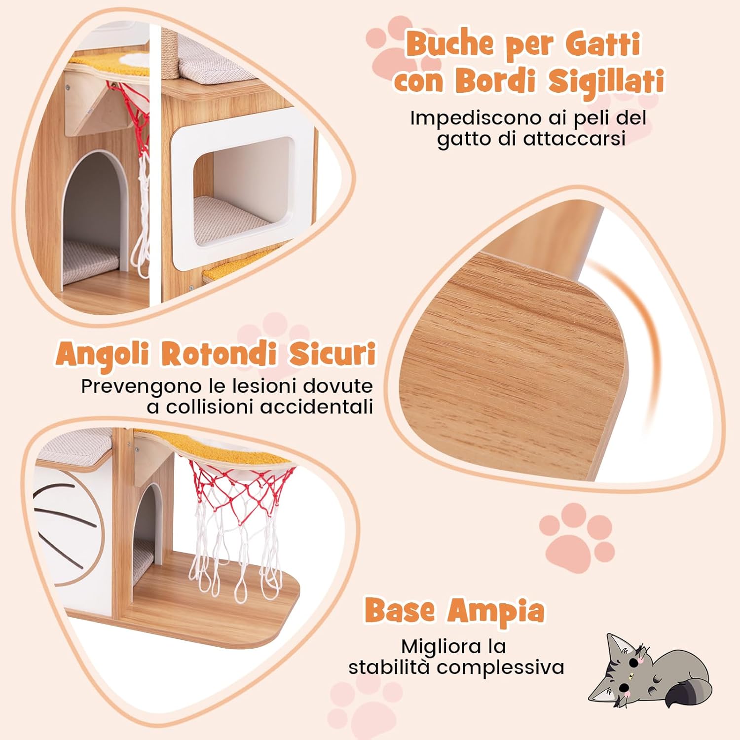 Tiragraffi in Legno 120cm, Torre con Graffiare in Sisal per Gatti a Tema Sportivo con 2 Piani, 2 Posatoi, Amaca e Cuscini Imbottiti, Mobile per Animali Domestici, Naturale