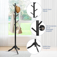 Attaccapanni in Legno, Attaccapanni da Terra con 8 Ganci Regolabili in Altezza, Albero Porta Abiti per Camera da Letto Soggiorno Ingresso e Ufficio, Carico 56 kg (Nero)