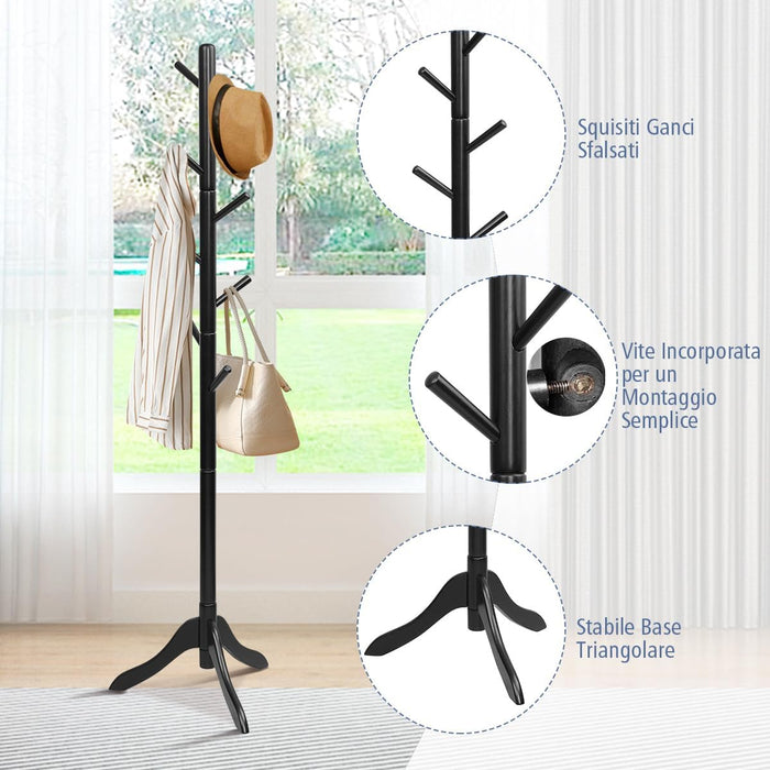 Attaccapanni in Legno, Attaccapanni da Terra con 8 Ganci Regolabili in Altezza, Albero Porta Abiti per Camera da Letto Soggiorno Ingresso e Ufficio, Carico 56 kg (Nero)