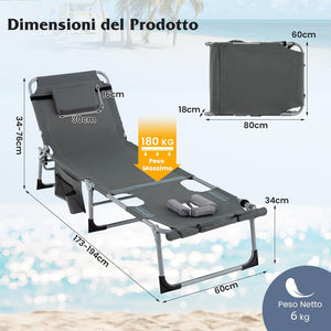 Lettino Prendisole Pieghevole, Lettino da Spiaggia con Schienale Regolabile, Poggiatesta, Cuscino e Tasca, Sedia a Sdraio per Giardino Piscina, Portata 180 kg (Grigio Scuro)