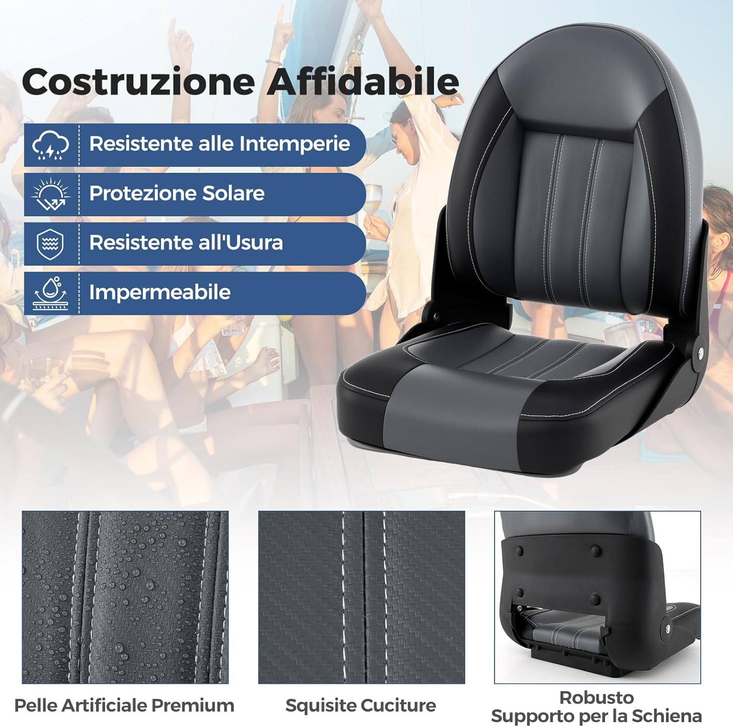 Set di 2 Sedie da Barca, Sedili Alti da Barca Pieghevole Morbide Imbottite Spesse, Sedile Nautica Ergonomico per Imbarcazioni da Pesca, 46 x 52 x 58 cm, Nero e Grigio