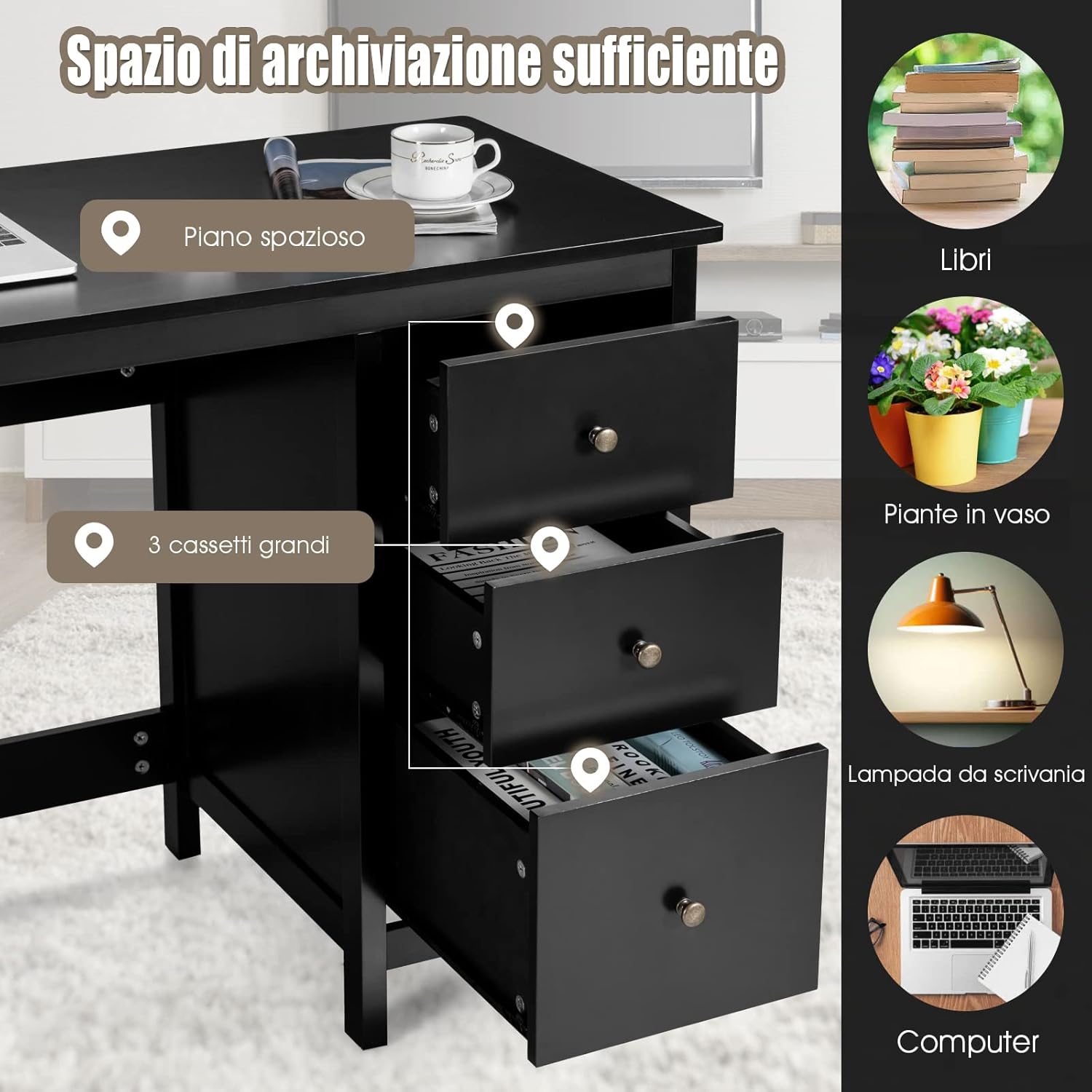 Scrivania per Computer con 3 Cassetti, Tavolo Porta PC con Superficie Spaziosa, Tavolo Moderno per Casa Studio Ufficio (Nero)