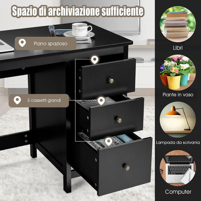 Scrivania per Computer con 3 Cassetti, Tavolo Porta PC con Superficie Spaziosa, Tavolo Moderno per Casa Studio Ufficio (Nero)
