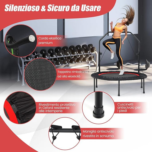 Mini Trampolino Pieghevole 101cm, Trampolino Fitness per Adulti e Bambini,con Maniglia Altezza Regolabile, Capacità di Carico 150 kg