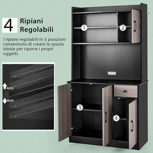 Armadio da Cucina Alto 180 CM, Credenza Alta da Cucina con Armadietti e Cassetto, Stazione di Ricarica Integrata, Ripiani Regolabili, 100 x 40 x 180 cm (Nero)