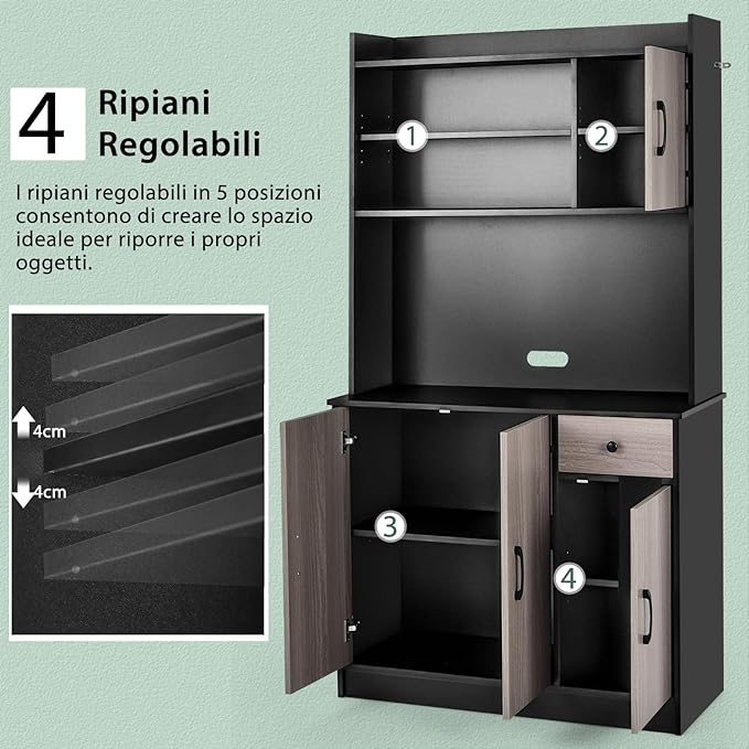 Armadio da Cucina Alto 180 CM, Credenza Alta da Cucina con Armadietti e Cassetto, Stazione di Ricarica Integrata, Ripiani Regolabili, 100 x 40 x 180 cm (Nero)