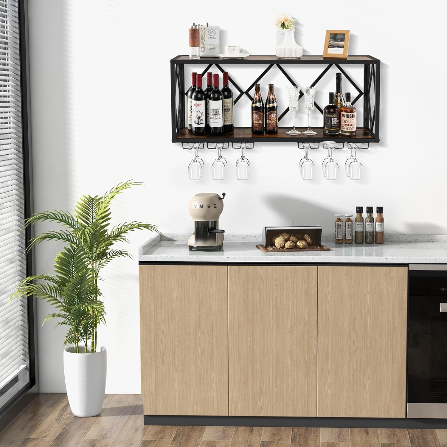 Portabottiglie da Parete, Scaffale per Esposizione di Vino con 6 File di Portabicchieri, Scaffale per Conservare 39 Bottiglie e 12 Bicchieri, Adatto per Cucina, Soggiorno, Sala da Pranzo