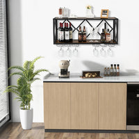 Portabottiglie da Parete, Scaffale per Esposizione di Vino con 6 File di Portabicchieri, Scaffale per Conservare 39 Bottiglie e 12 Bicchieri, Adatto per Cucina, Soggiorno, Sala da Pranzo