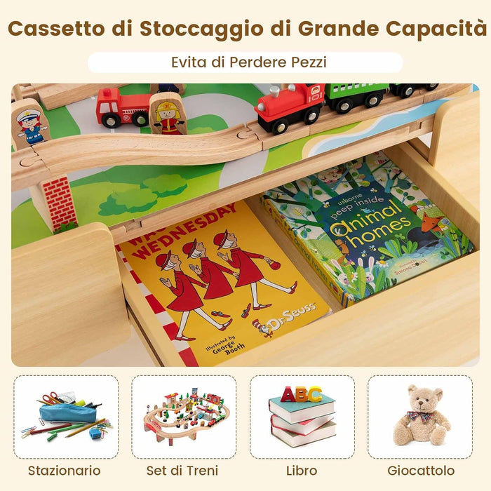 Tavolo e Set di Trenini in Legno, Tavolo Reversibile e Staccabile e Binari in Legno Massiccio, Set da Gioco Creativo 84/80 Pezzi, per Bambini 3 Anni+ (Stile 1)