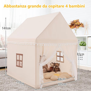 Tenda da Gioco Casetta per Bambini, Castello Giocattolo in Legno Cotone, con Struttura Stabile e Finestre Traspirabili, 105x120x140 cm (Beige)