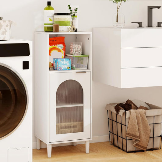 Armadietto da Bagno 35 x 30 x 90 cm, Mobiletto Bagno Salvaspazio in Legno con Anta in Vetro Temperato e Ripiano Regolabile, Colonna Salvaspazio per Corridoio, Soggiorno e Cuccina