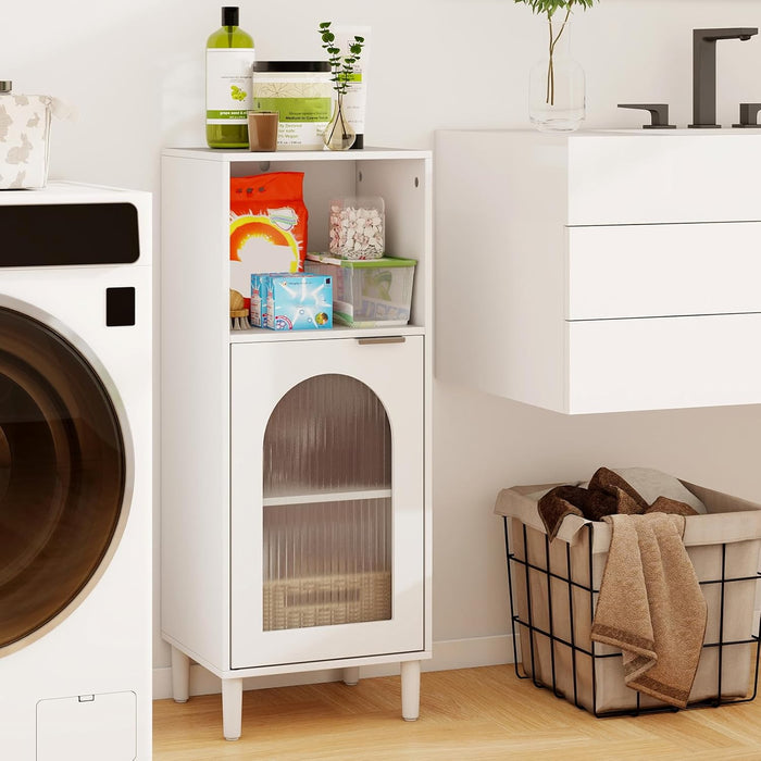 Armadietto da Bagno 35 x 30 x 90 cm, Mobiletto Bagno Salvaspazio in Legno con Anta in Vetro Temperato e Ripiano Regolabile, Colonna Salvaspazio per Corridoio, Soggiorno e Cuccina