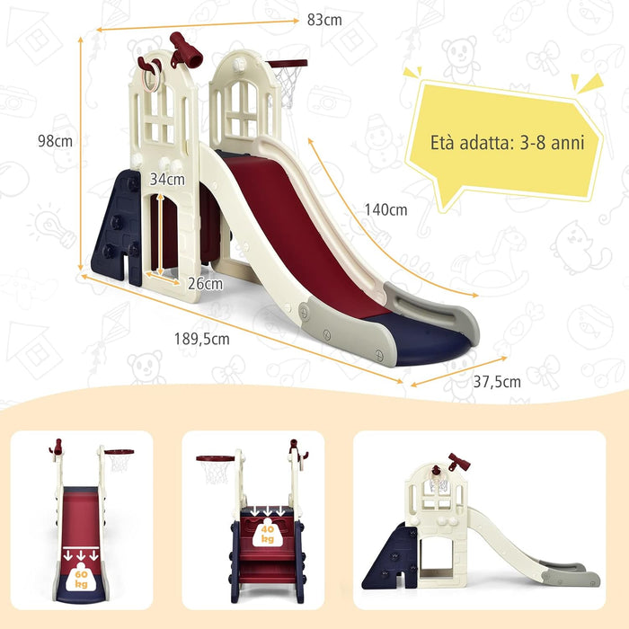 Scivolo per Bambini 6 in 1, Set da Gioco per Bambini con Canestro, Palla, Lancio dell'Anello e Cannocchiale, Ideale per Interni ed Esterni per Ragazzi e Ragazze, 189,5 x 83 x 98 cm (Blu)