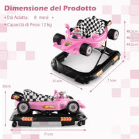 4 in 1 Girello per Bambini, Primi Bassi per Neonati con Altezza Regolabile, Girello Pieghevole con Vassoio Rimovibile, Musica e Luci, per Bambini 6+ Mesi (Rosa)