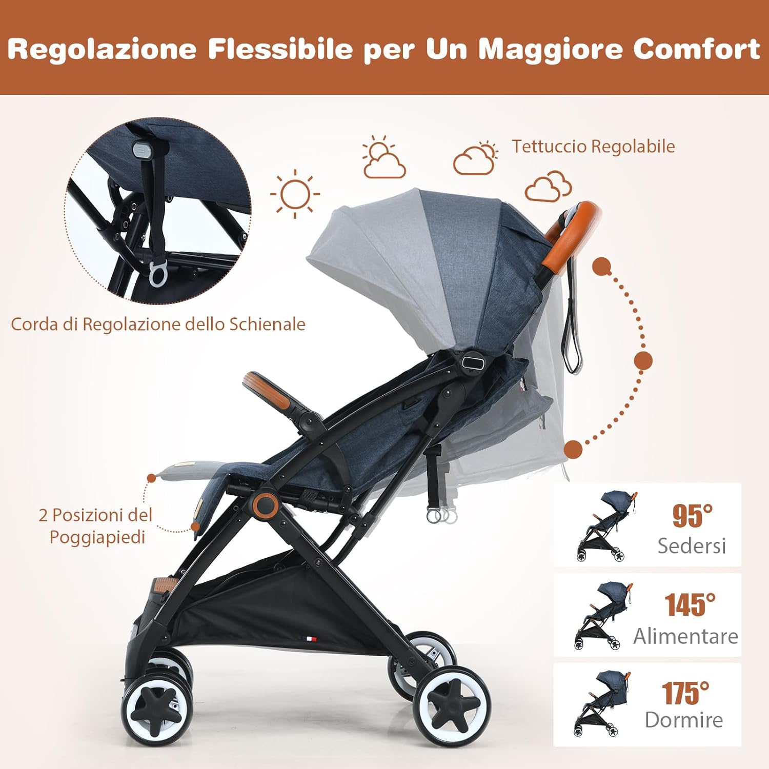 Passeggino Pighevole per Bmabini, Passeggino con Schienale e Poggiapiedi Regolabili, Passeggino Leggero Portata 15 kg, con Cappottina e Zanzariera, per Bambini 0-3 Anni (Blu)