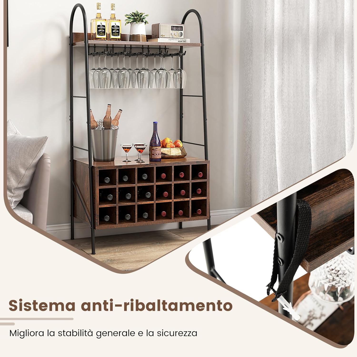 Scaffale da Cucina con Portabottiglie Staccabile e 5 Supporti per Calici, 2 Ripiani, Sistema Antiribaltamento, Mobile da Bar per Cucina, Sala da Pranzo, Bar, Marrone
