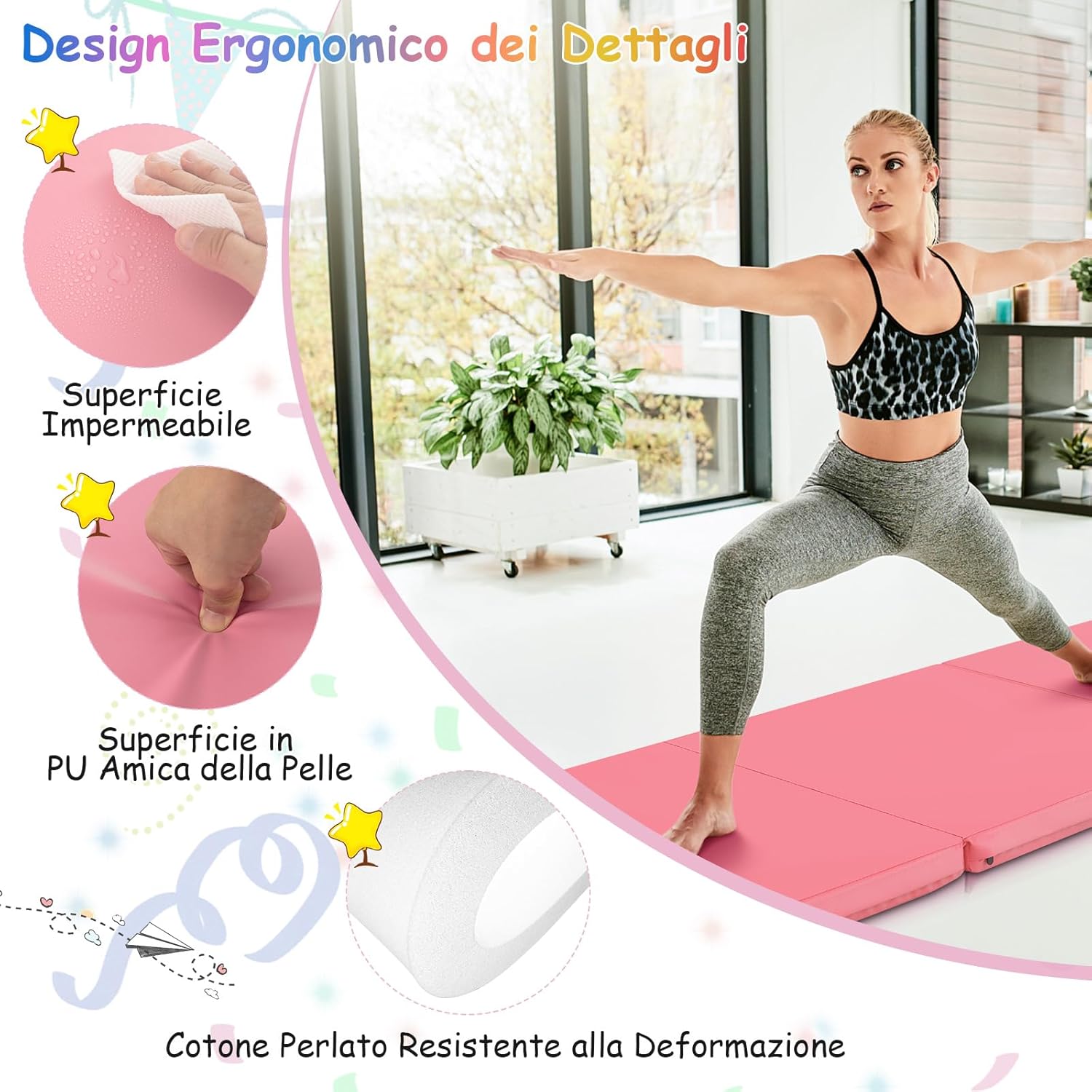 Tappetino da Yoga Spesso, Tappetino Fitness Pieghevole e Portatile con Imbottitura in EPE, Cerniera e Maniglie, Materassino Allenamento da Casa e Palestra, 180 X 60 X 5 cm