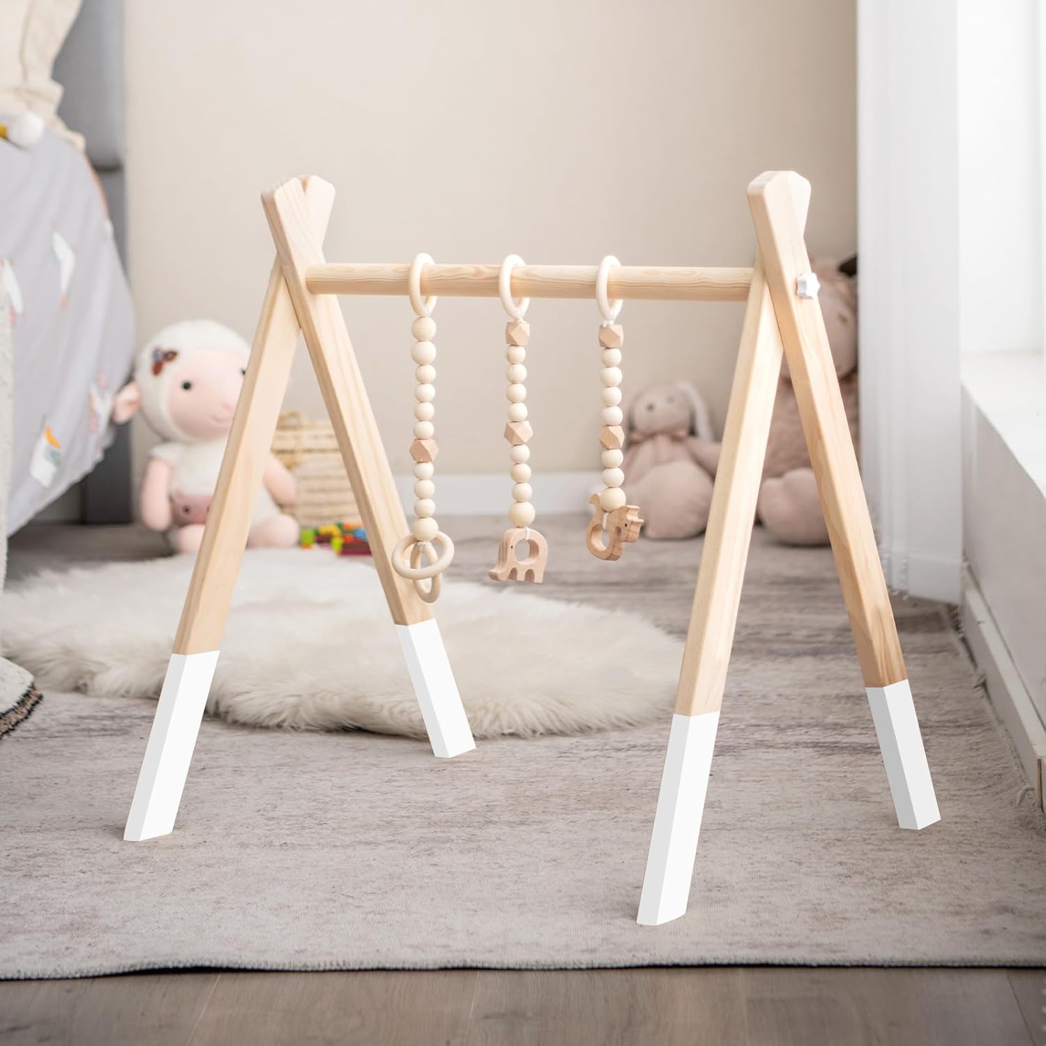 Palestrina per Bambini, Palestrina con Giocattoli per Dentizione Sviluppo Cerebrale Stimolazione Sensoriale, Pieghevole, in Legno, per Bambini 3+ Mesi (Bianco)