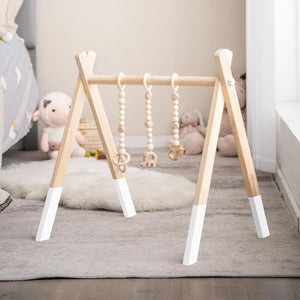 Palestrina per Bambini, Palestrina con Giocattoli per Dentizione Sviluppo Cerebrale Stimolazione Sensoriale, Pieghevole, in Legno, per Bambini 3+ Mesi (Bianco)