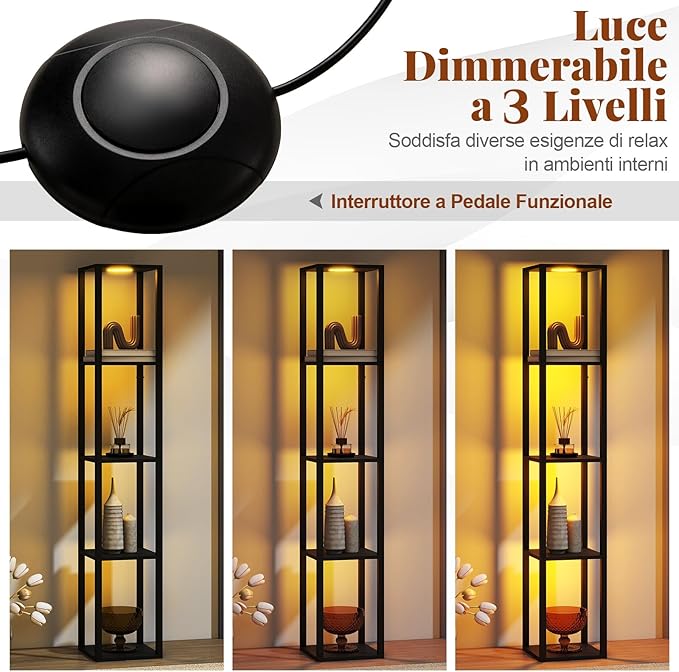 Lampada da Terra con Ripiani, Espositore Autoportante a 4 Livelli con Luci LED Dimmerabili a 3 Vie e Interruttore a Pedale, Lampada da Scaffale Moderna in Legno per Salotto e Studio