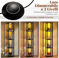 Lampada da Terra con Ripiani, Espositore Autoportante a 4 Livelli con Luci LED Dimmerabili a 3 Vie e Interruttore a Pedale, Lampada da Scaffale Moderna in Legno per Salotto e Studio