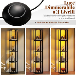 Lampada da Terra con Ripiani, Espositore Autoportante a 4 Livelli con Luci LED Dimmerabili a 3 Vie e Interruttore a Pedale, Lampada da Scaffale Moderna in Legno per Salotto e Studio