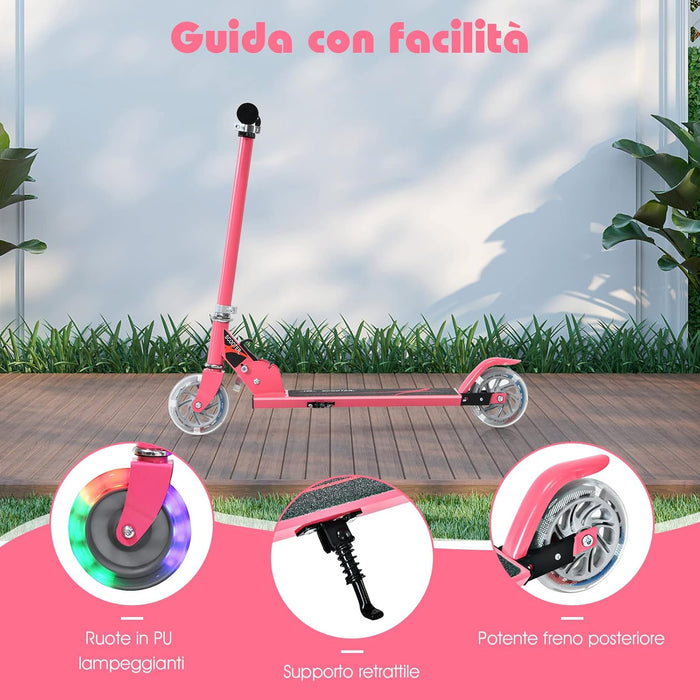 Monopattino Bambini, Monopattini a Spinta Pieghevole e Regolabile in 3 Altezze, con 2 Ruote Lampeggianti, Freno e Cavalletto, Portata 70 kg