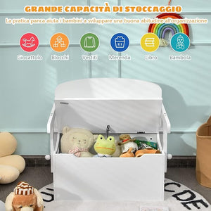 Cassapanca Contenitore 3 in 1 per Bambini Trasformabile in Legno con Scatola dei Giocattoli, Tavolo bambini con Sedie Multifunzione per 3-7 Anni (Bianco)