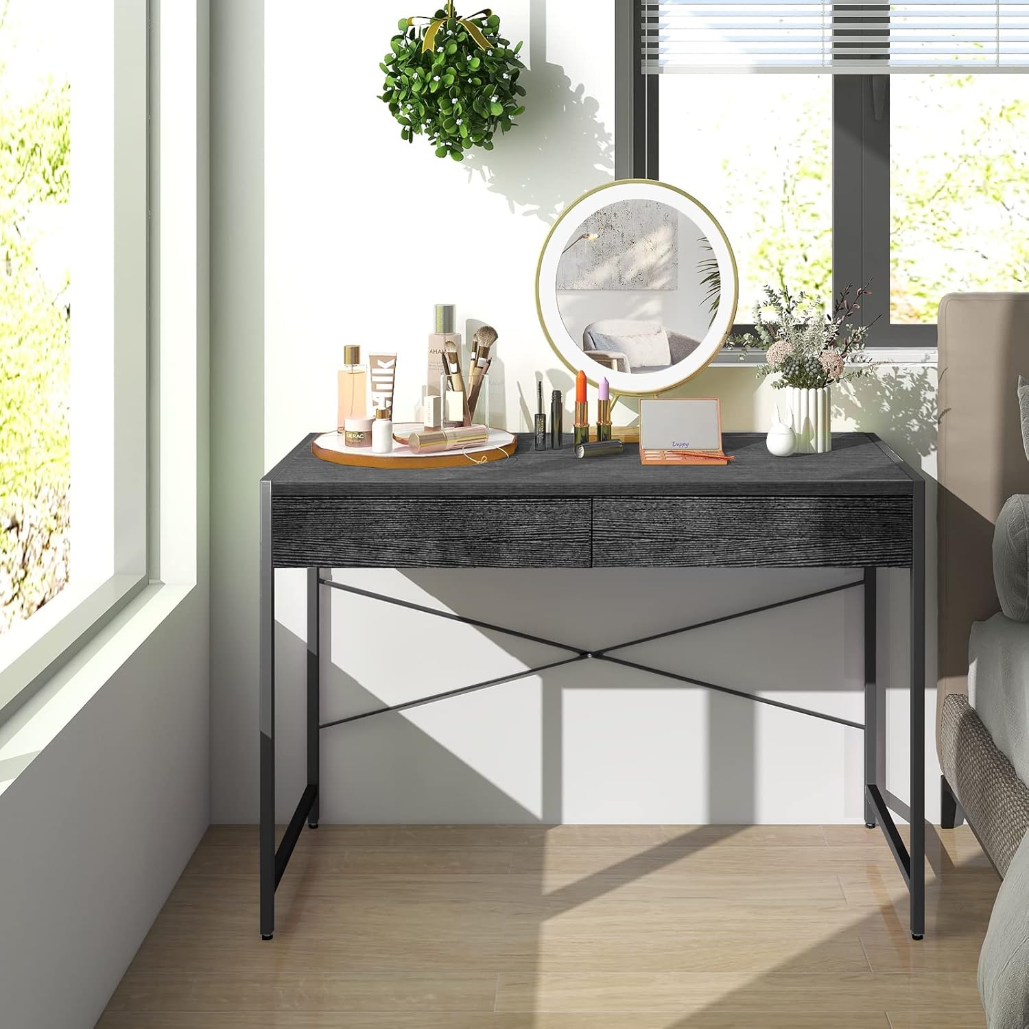 Scrivania per Computer con 2 Cassetti, Scrivania Porta PC con Telaio in Metallo e Legno, Posizione da Lavoro per Studio e Ufficio, Portata 100 kg, 112 x 48 x 76 cm (Nero)