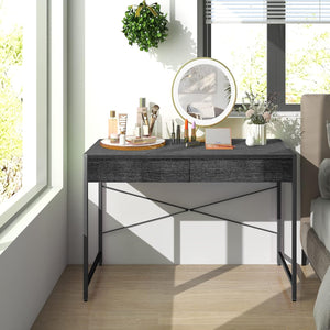 Scrivania per Computer con 2 Cassetti, Scrivania Porta PC con Telaio in Metallo e Legno, Posizione da Lavoro per Studio e Ufficio, Portata 100 kg, 112 x 48 x 76 cm (Nero)