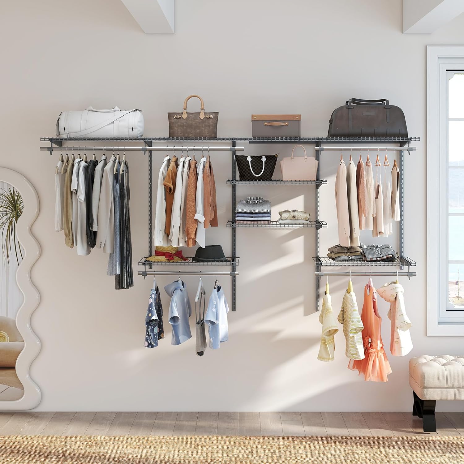 Guardaroba Parete 122-244 CM, Sistema di Organizzazione Regolabile con Asta Pendente, Appendiabiti Metallica, Sistema di Organizzazione e Stoccaggio Armadi per Camera da Letto (Grigio)