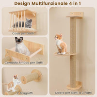 Mensole da Parete per Gatti da Arrampicata, Set Mobili a Murocon 4 Livelli, Amaca, Posto per Graffiare e Tappetini, Albero Tiragraffi Salvaspazio (Modello 5)