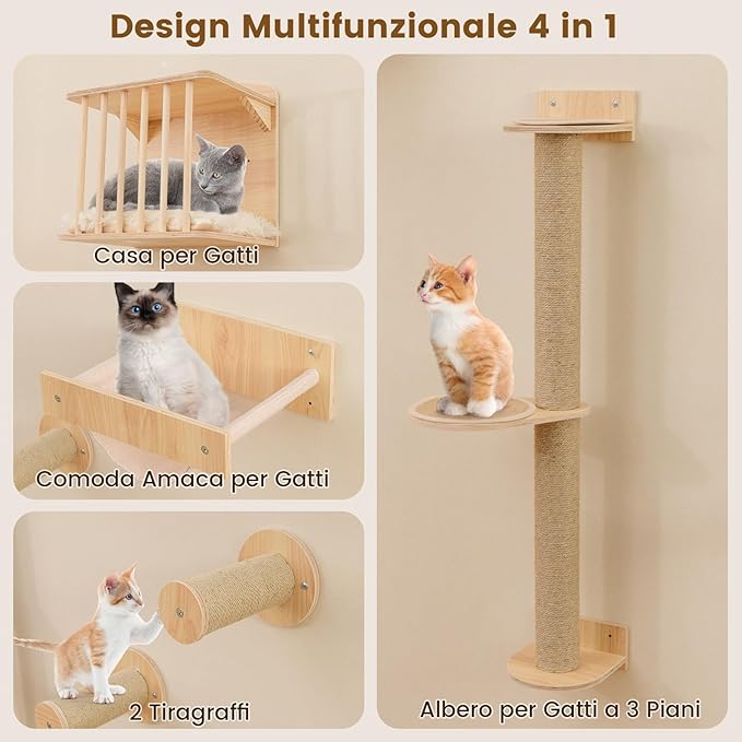 Mensole da Parete per Gatti da Arrampicata, Set Mobili a Murocon 4 Livelli, Amaca, Posto per Graffiare e Tappetini, Albero Tiragraffi Salvaspazio (Modello 5)