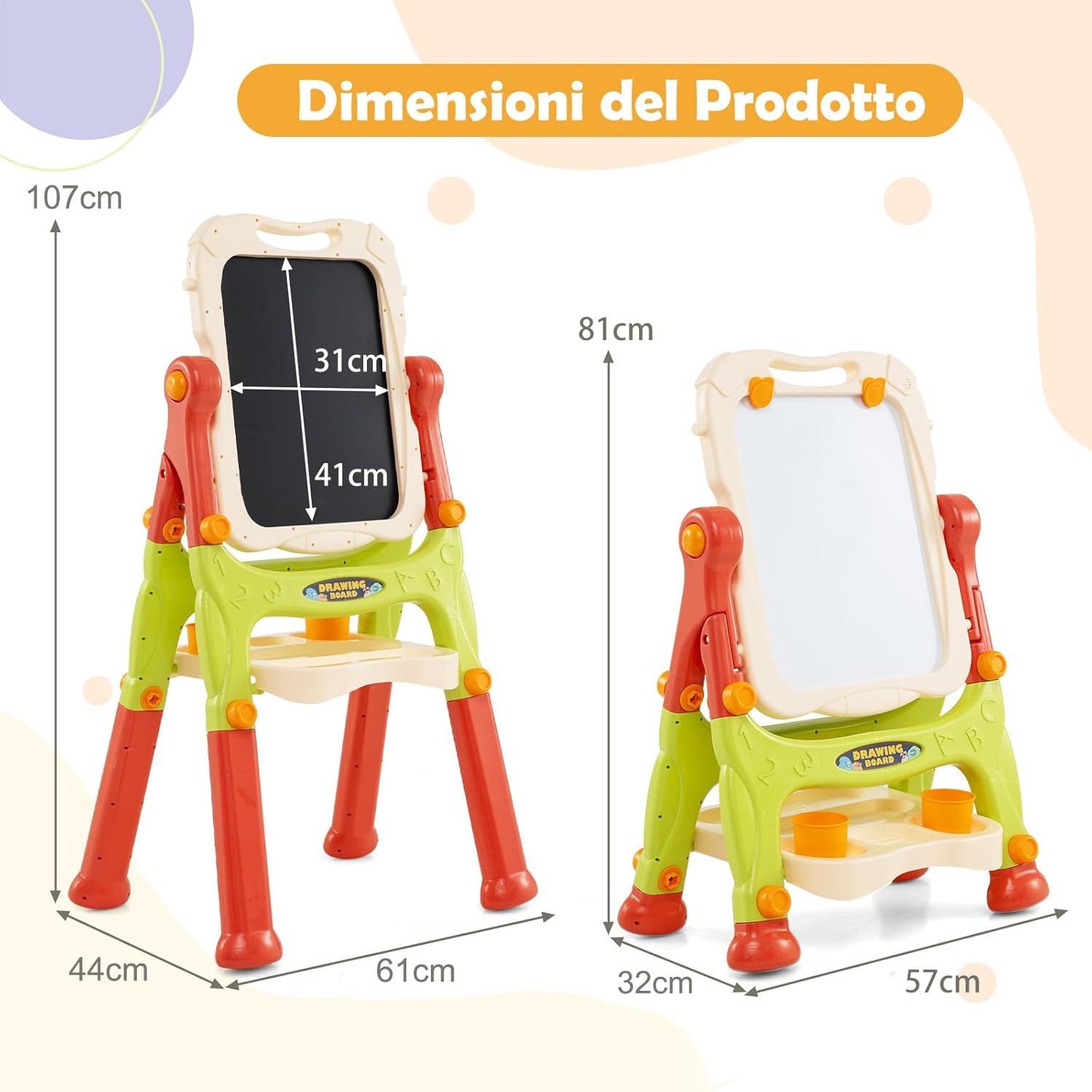 Cavalletto per Bambini, Lavagna Magnetica a Doppia Faccia Regolabile in Altezza, Tavolo da Disegno Staccabile con Manico Portatile e 2 Tazze, per Bambini 3 Anni + (Arancia)