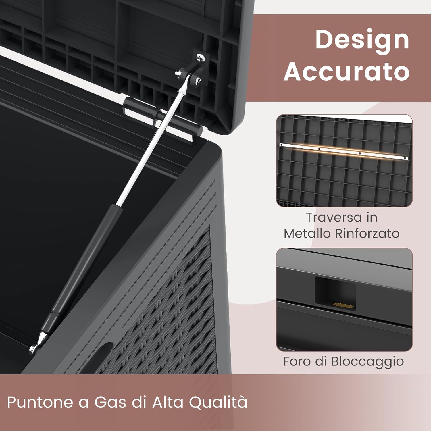 Baule da Esterno 380 L Impermeabile, Cassapanca Contenitore in Rattan con Coperchio Bloccabile e Ruote, Baule Salvaspazio per Mantenere Cuscini e Attrezzi da Interno e Esterno (Grigio)