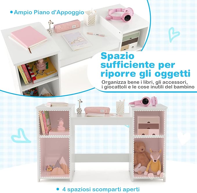 Toeletta Trucco 2 in 1 per Bambina, Specchiera Staccabile per Ragazza in Legno Robusto con 4 Scomparti, Sgabello e Specchio, Postazione Trucco per 3 Anni, 104 x 40 x 117 cm(Bianco)