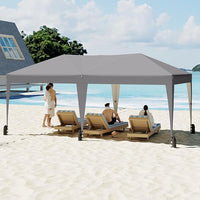 Gazebo Pop-up da Esterno 590 x 300 cm, Gazebo Regolabile in Altezza con Borsa con Ruote, Picchetti, Ancoraggi, Corde Antivento e Sacchi di Sabbia, Tenda Pieghevole per Campeggio (Grigio)