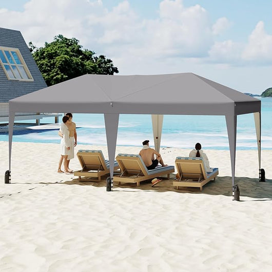 Gazebo Pop-up da Esterno 590 x 300 cm, Gazebo Regolabile in Altezza con Borsa con Ruote, Picchetti, Ancoraggi, Corde Antivento e Sacchi di Sabbia, Tenda Pieghevole per Campeggio (Grigio)