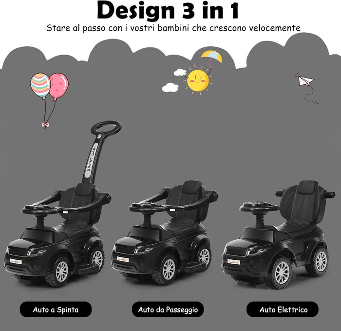 3 in 1 Macchina Cavalcabile a Spinta per Bambini, con Clacson Musica Luce Portaoggetti Sotto Sedile, Auto a Spinta per Bambini di 1-3 Anni (Nero)